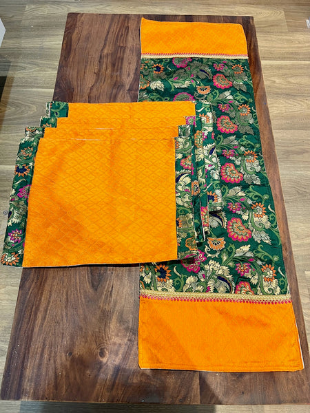 Green Oriental with Orange Table Runner with 6 Mats