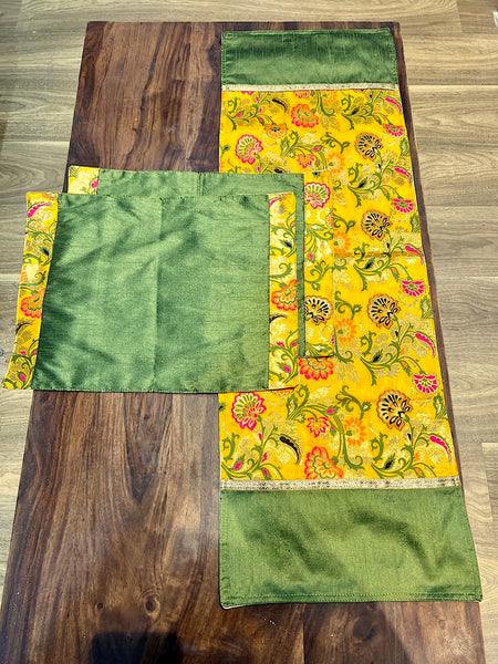 Yellow Oriental with Green - Table Runner with 2 Mats