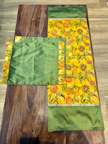 Yellow Oriental with Green - Table Runner with 2 Mats