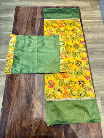 Yellow Oriental with Green - Table Runner with 2 Mats