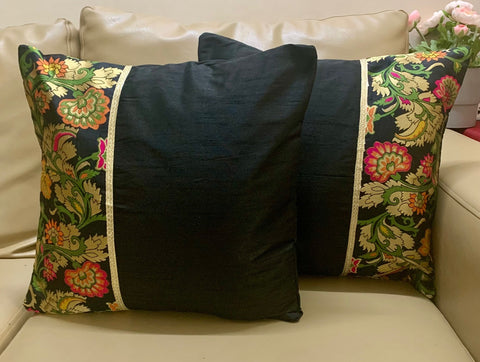 Cushion Cover Silk Black with Half Multicoloured Brocade