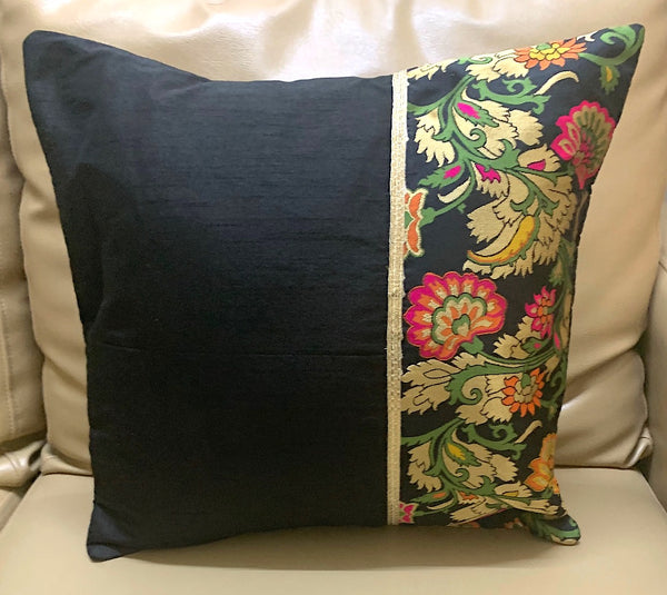 Cushion Cover Silk Black with Half Multicoloured Brocade
