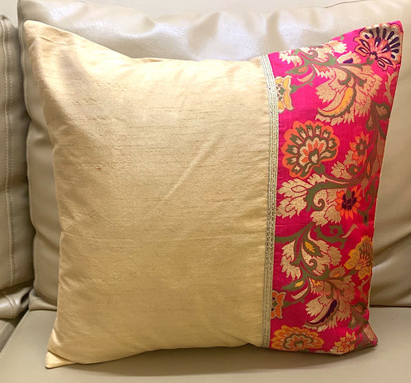 Cushion Cover Silk Beige Golden with Half Pink Brocade