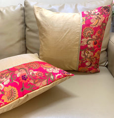 Cushion Cover Silk Beige Golden Oriental with Half Pink Brocade