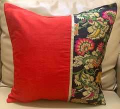 Cushion Cover Silk Red with Half Black Brocade