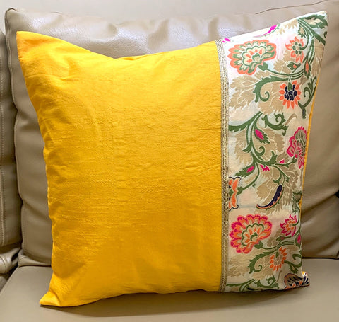 Cushion Cover Silk Yellow Oriental with Half Cream Brocade