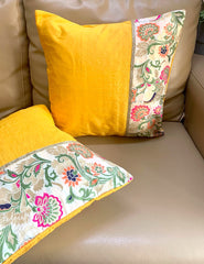 Cushion Cover Silk Yellow Oriental with Half Cream Brocade