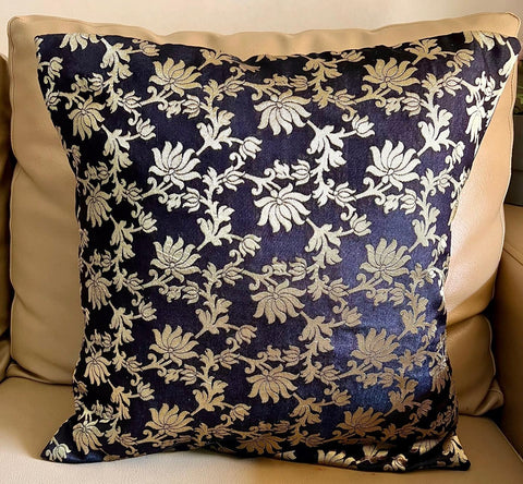 Black Lotus Floral Brocade Cushion Cover - Pilovilo